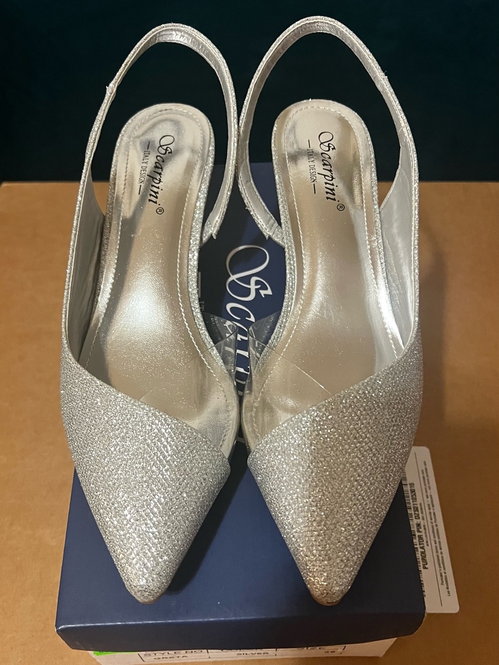 Scarpini Silver Glitter Pointed Slingback Heels